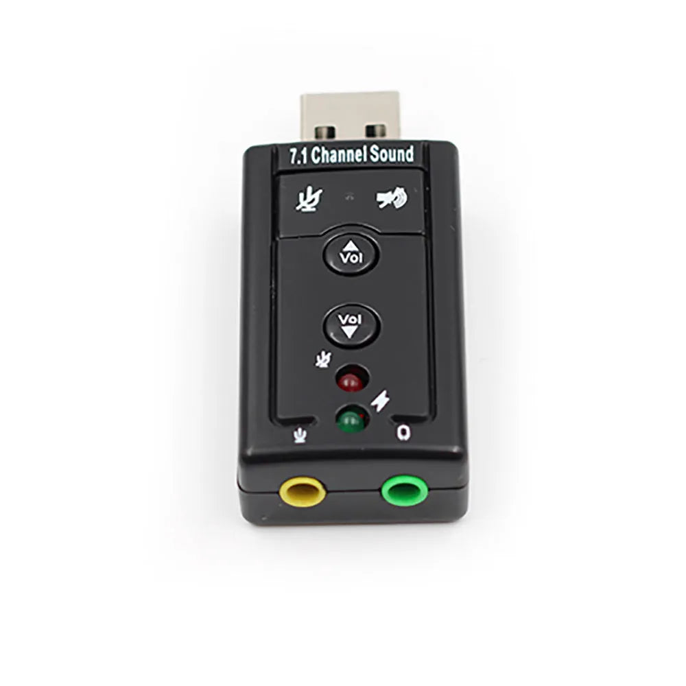 Black external USB sound card with 3.5mm headphone and microphone jacks for PC laptop computer audio adapter