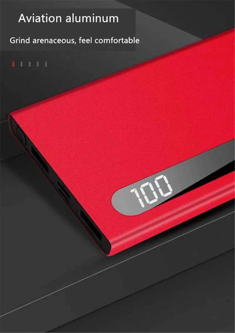Ultra-thin 20000mAh power bank with digital display, dual USB ports, L172 x W14 x H152, black blue red