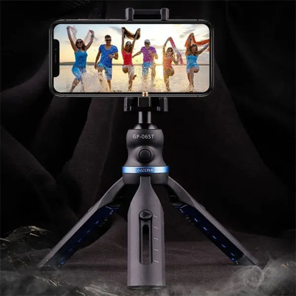 Black desktop phone tripod made of aluminium alloy and plastic, holding a smartphone.