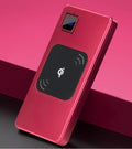 Black portable power bank with LCD display showing charge level