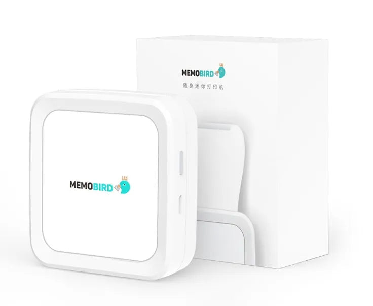 Thermal pocket portable Bluetooth printer in white, 79x79x40mm, with thermal paper roll inside