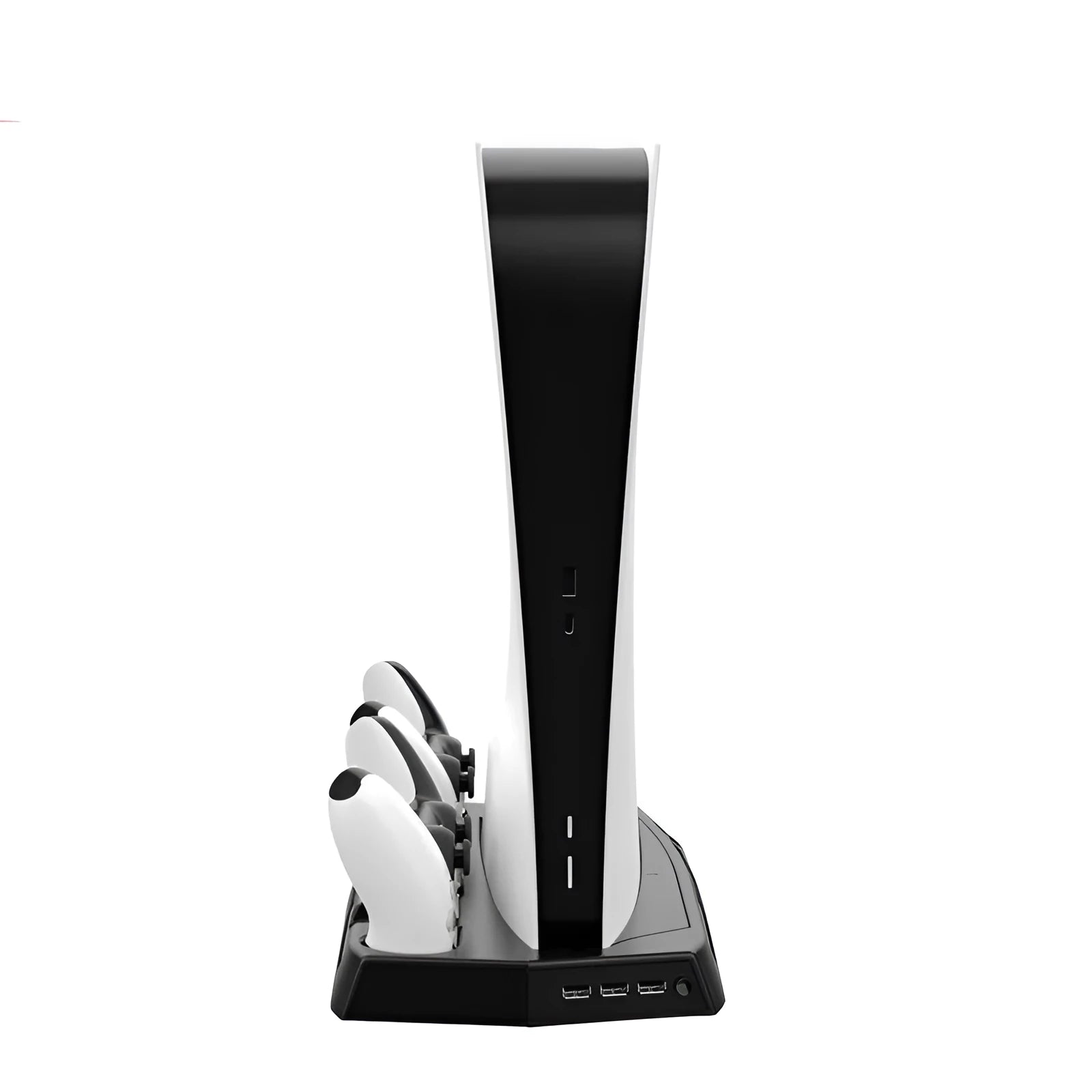 Black PS5 charging cooling base with two controller docks, three USB ports, and cooling fan for PlayStation 5 consoles