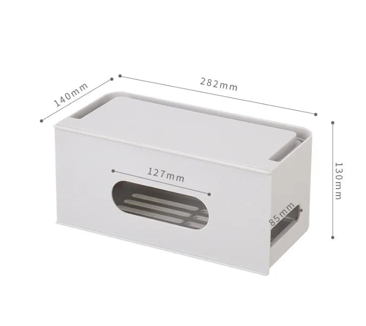 Grey and white plastic router storage box with cable ports for home cable management
