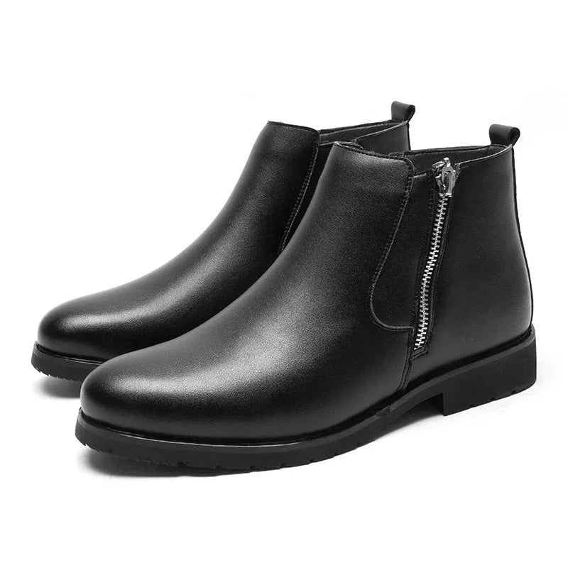 Men's black leather formal shoes with rubber outsole and plush lining, big sizes available