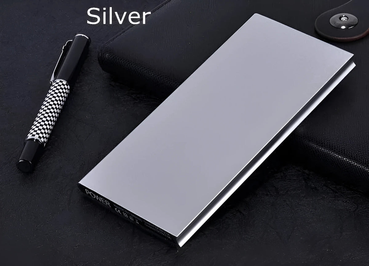 8000mAh dual USB power bank with LED light in aluminium alloy case showing colour options