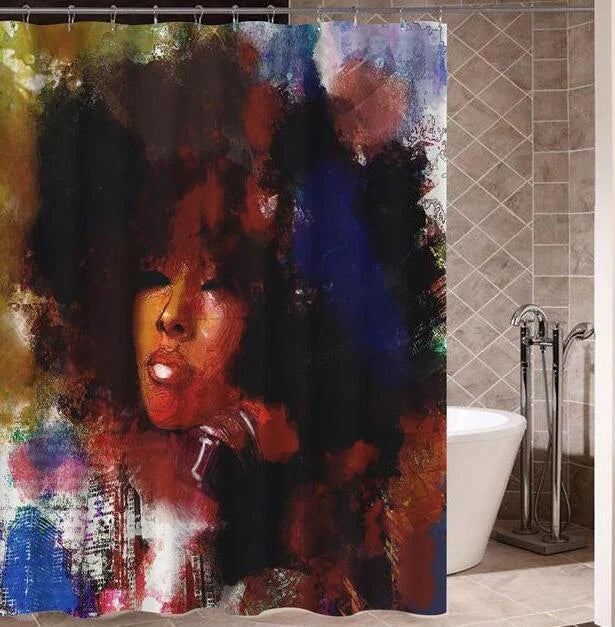 Vibrant Afro-urban printed shower curtain with modern building and African girl design