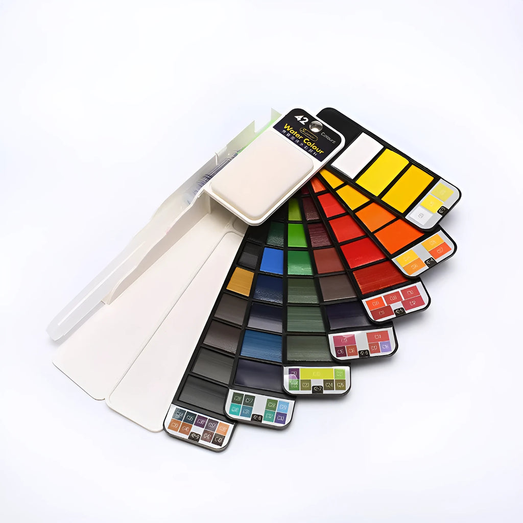 Foldable fan-shaped solid watercolour paint set in transparent plastic box with fountain pen palette and sponge