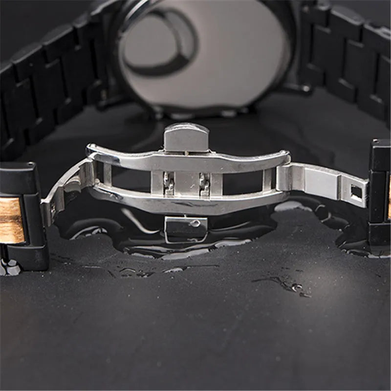 Wooden wrist watch with 44mm metal case, metal band, mineral glass mirror, black colour