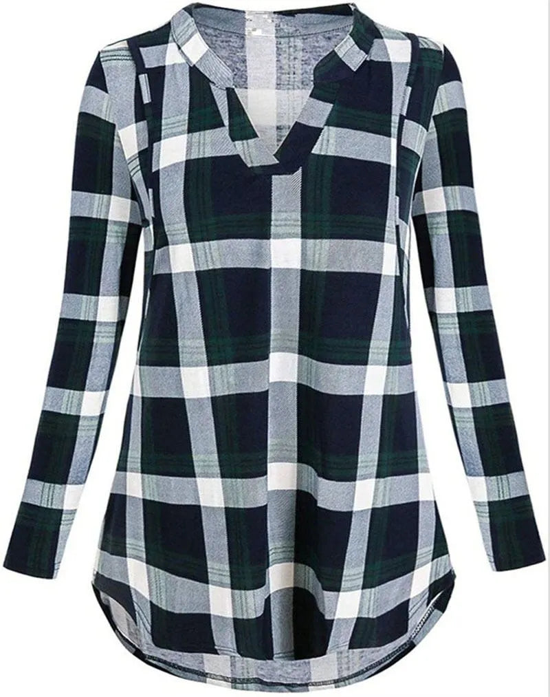Women's maternity plaid t-shirt with long sleeves and V-neck, shown in black, dark blue, or red.