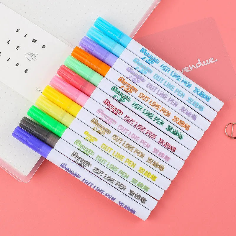 Set of highlighter pens with Japanese plastic nibs showing 1mm-2mm line width and multiple colour options