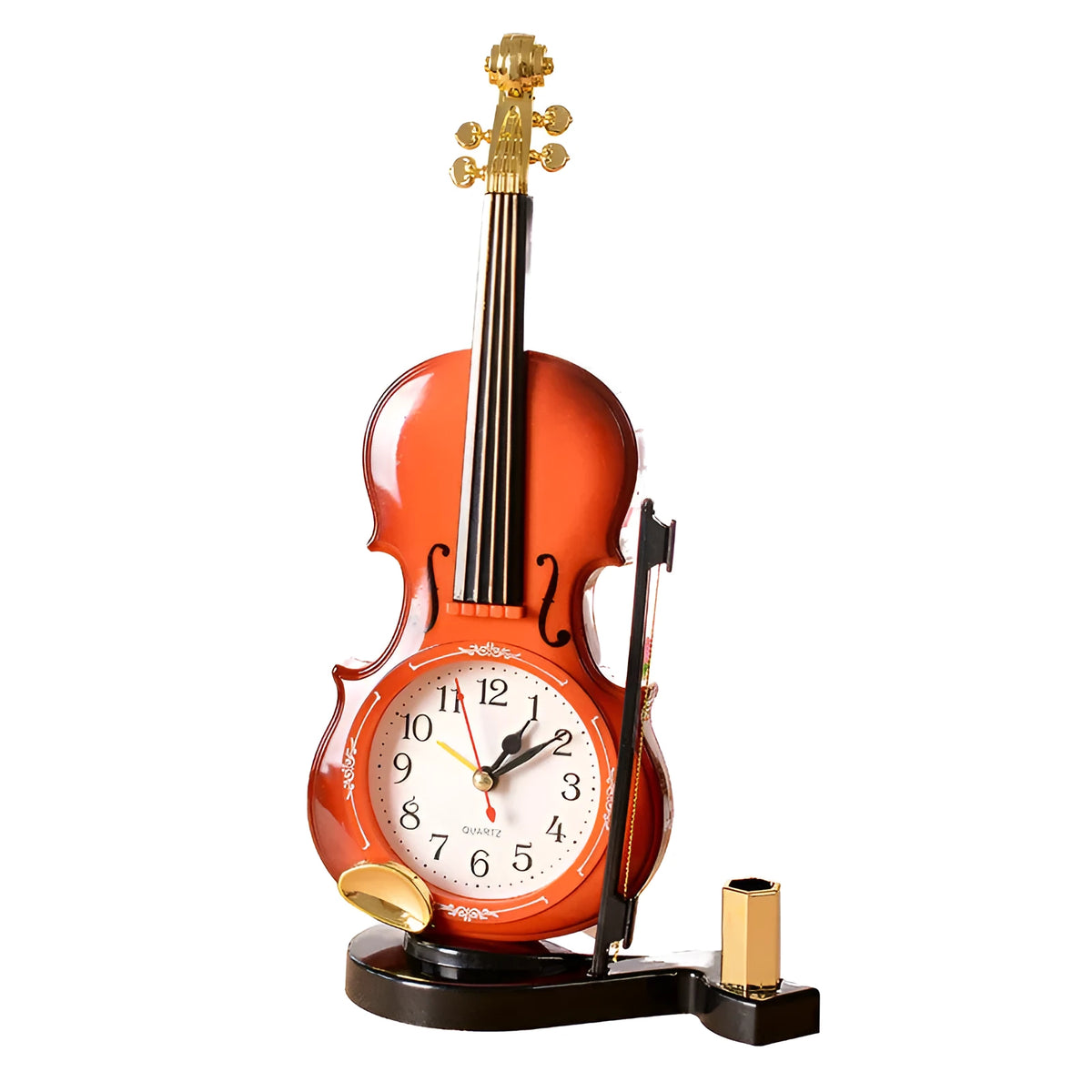 Brown violin pen inserted alarm clock with LED and pointer display, plastic body, 290 x 145 mm