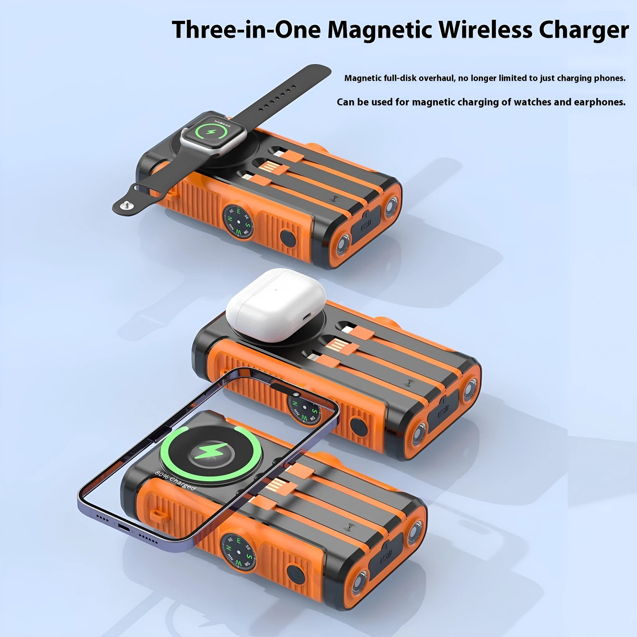 Solar outdoor camping hand crank power bank in black with orange accents, 20000mAh, plastic shell, compact 16.65x8.55x3.5cm