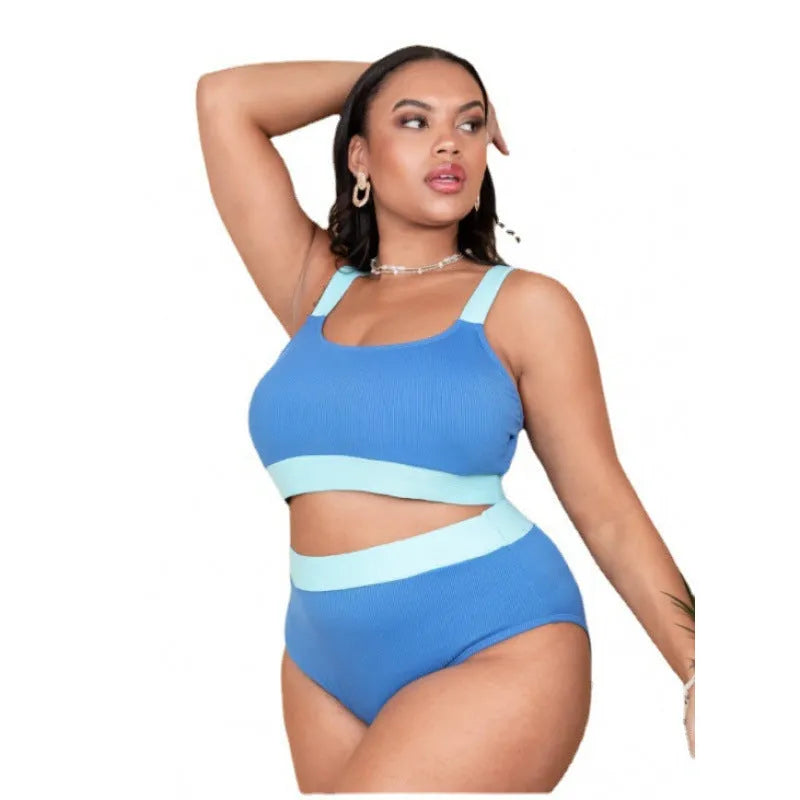 Women's solid colour polyester bikini set with high-waisted briefs.