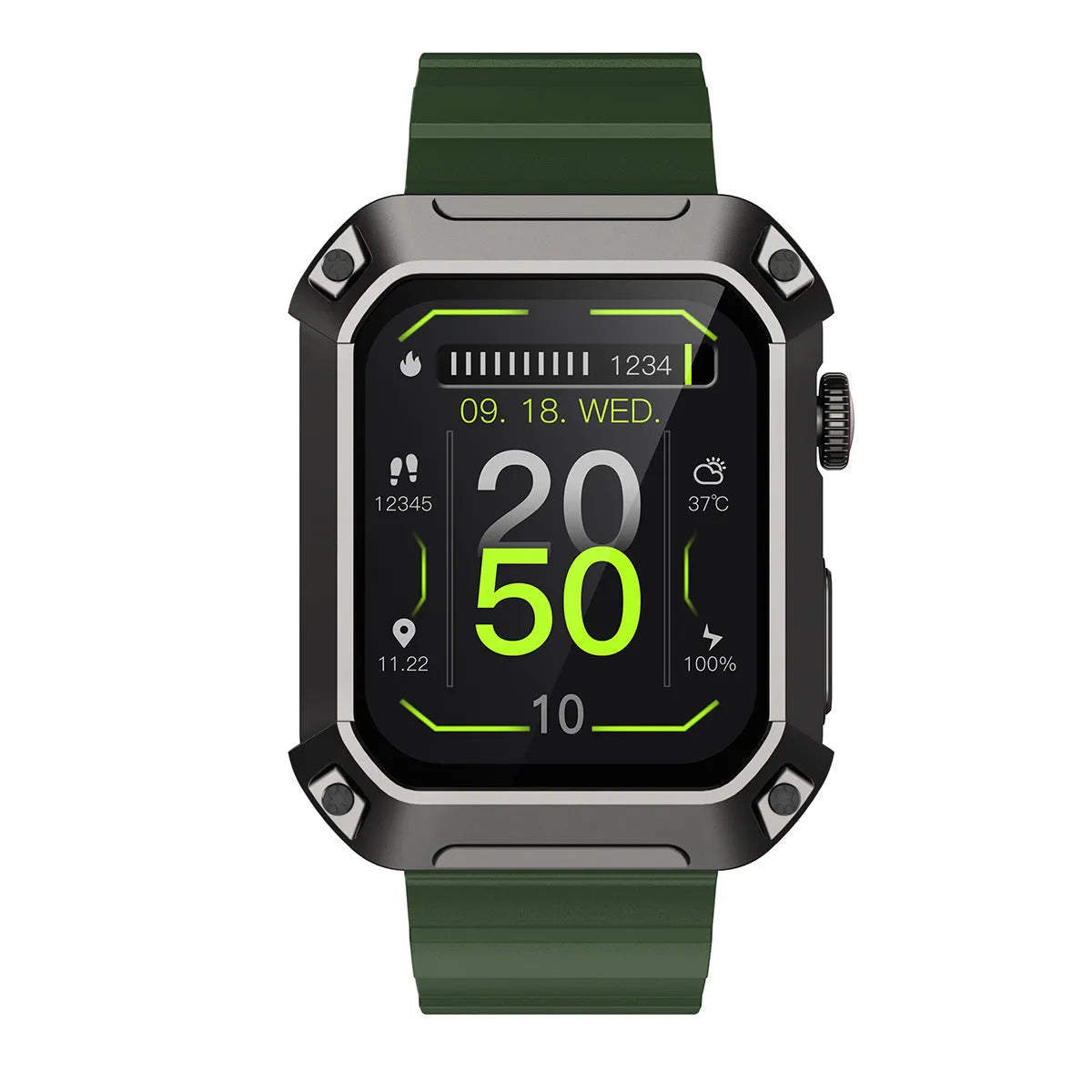 Smart watch with heart rate and blood pressure monitoring, 1.83-inch IPS screen, three-proof design, available in black blue and green