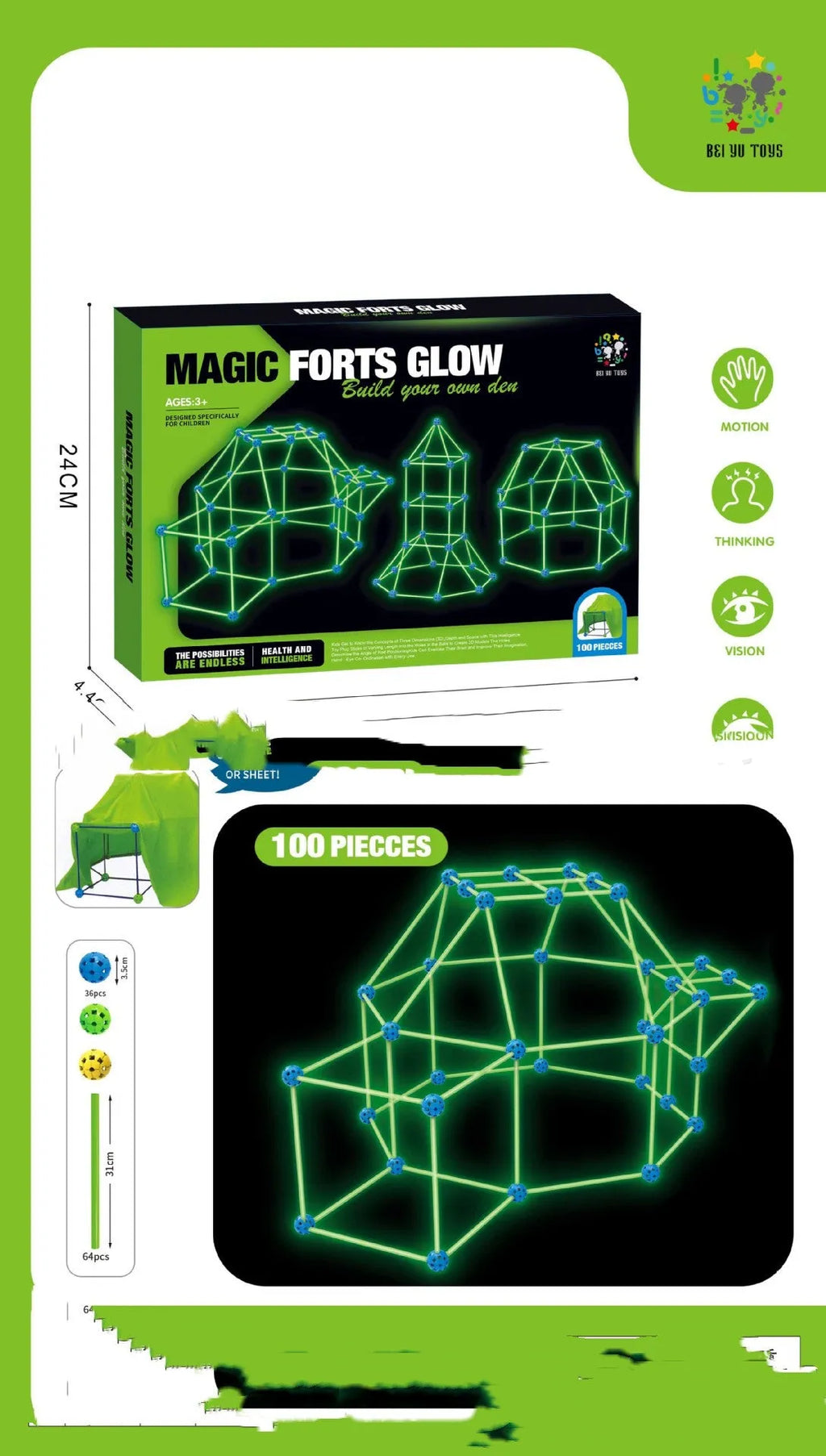 Luminous children's fort building kit with plastic rods, balls, and storage bag assembled into a play tent