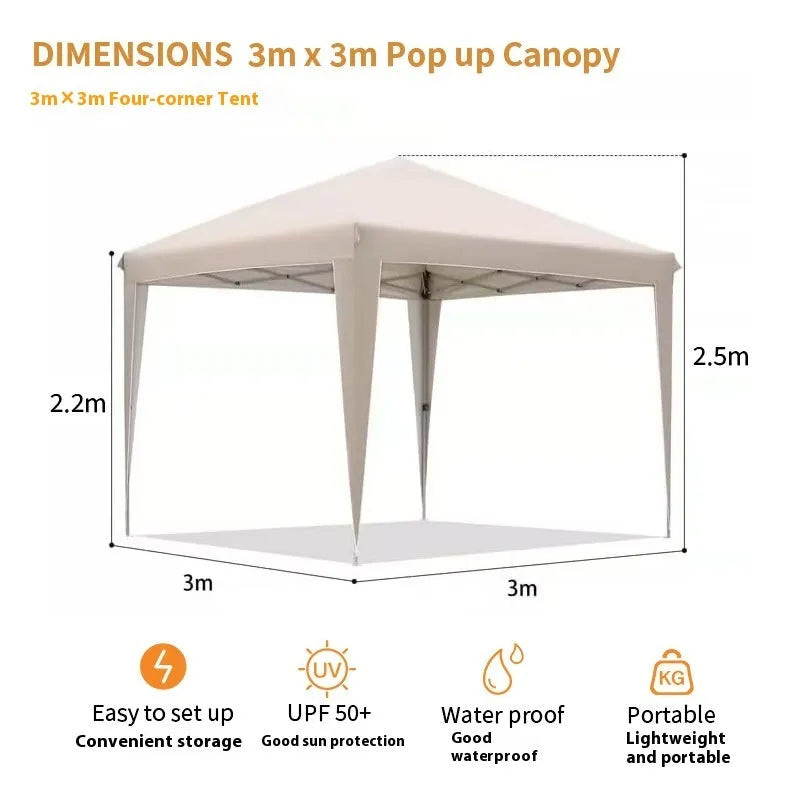 Four-corner folding tent 3x3m with 220cm height in blue, black, green, white, or khaki, silver tape material