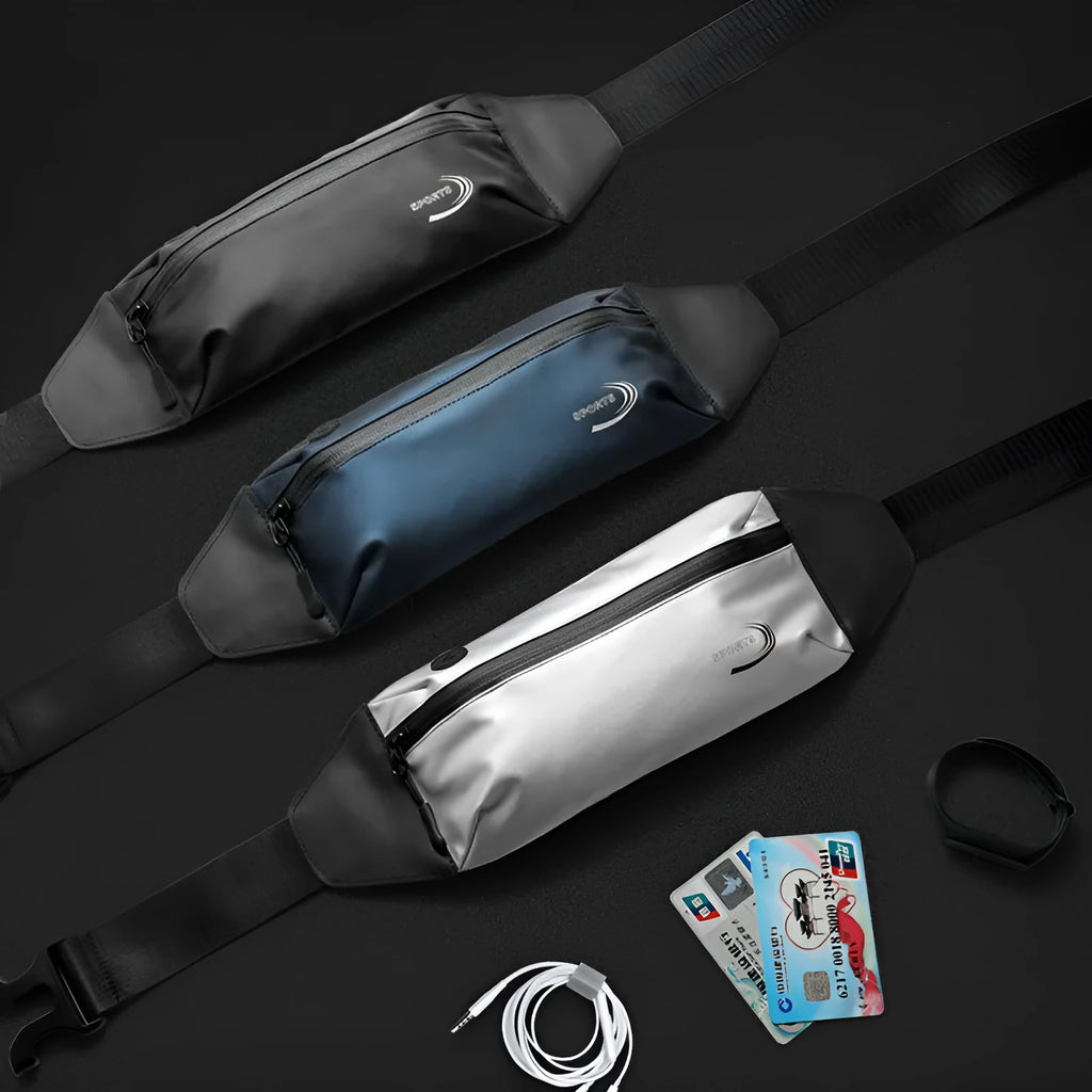 Men's waterproof sports waist bag in black, blue or grey made from 600D Oxford polyester.