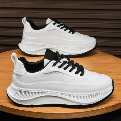 Stylish thick-sole sneakers with microfiber upper and PVC sole, available in black, beige, and beige black color options