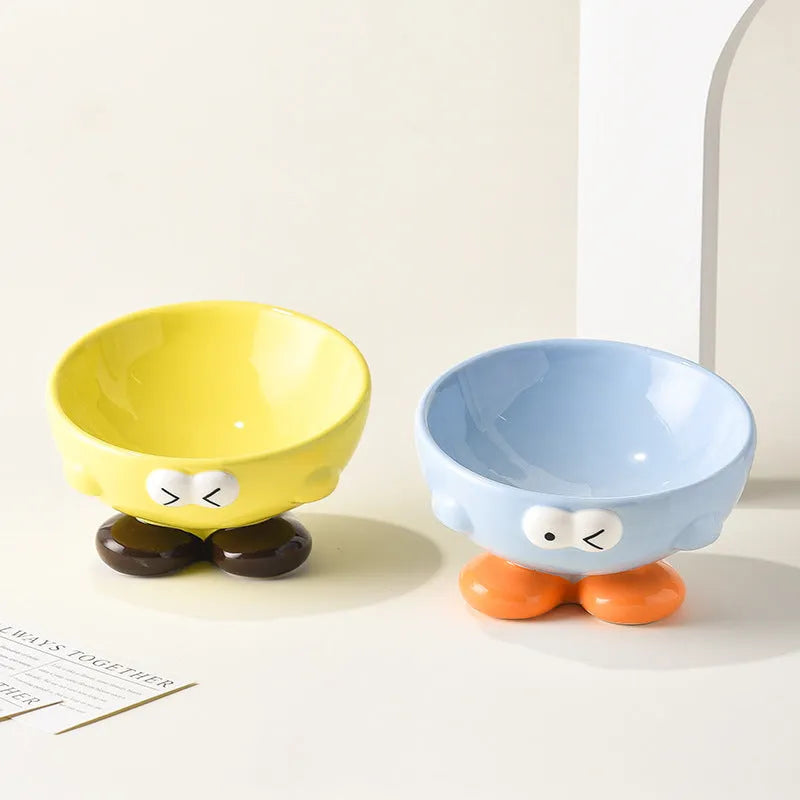 Ceramic pet bowl with oblique tall design in blue colour for cervical spine protection