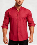 Red men's stand-up collar casual shirt with Chinese-style collar, shown in sizes S to XXXL