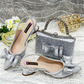 Women's pointed toe sandals with square buckle and matching rhinestone bag set on mid heel