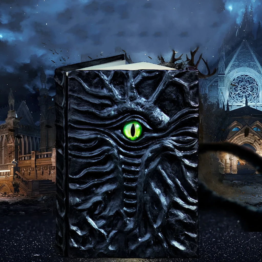 Demon Eye Cthulhu embossed dark kraft paper ledger showing resin relief design, 140mm by 200mm.