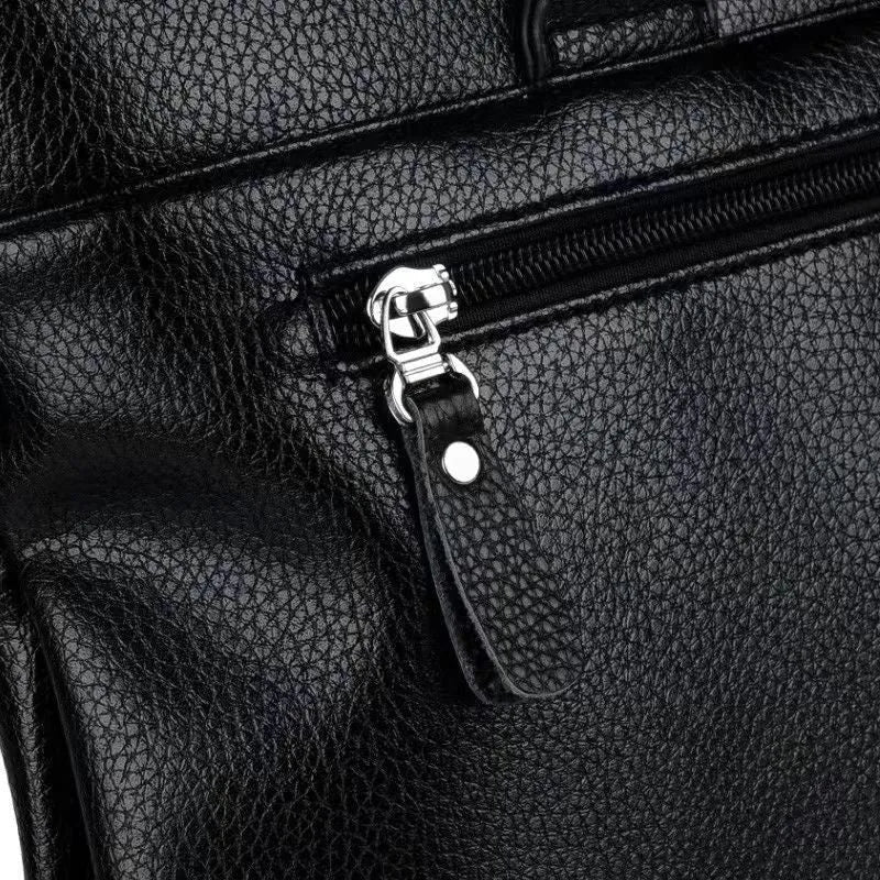 Men's black and brown PU leather shoulder messenger bag with splicing details