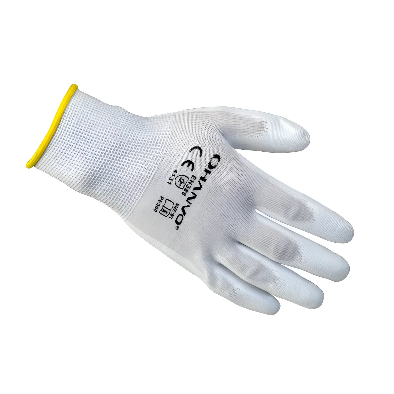 White PU coated work gloves showing palm grip texture, available in L and M sizes