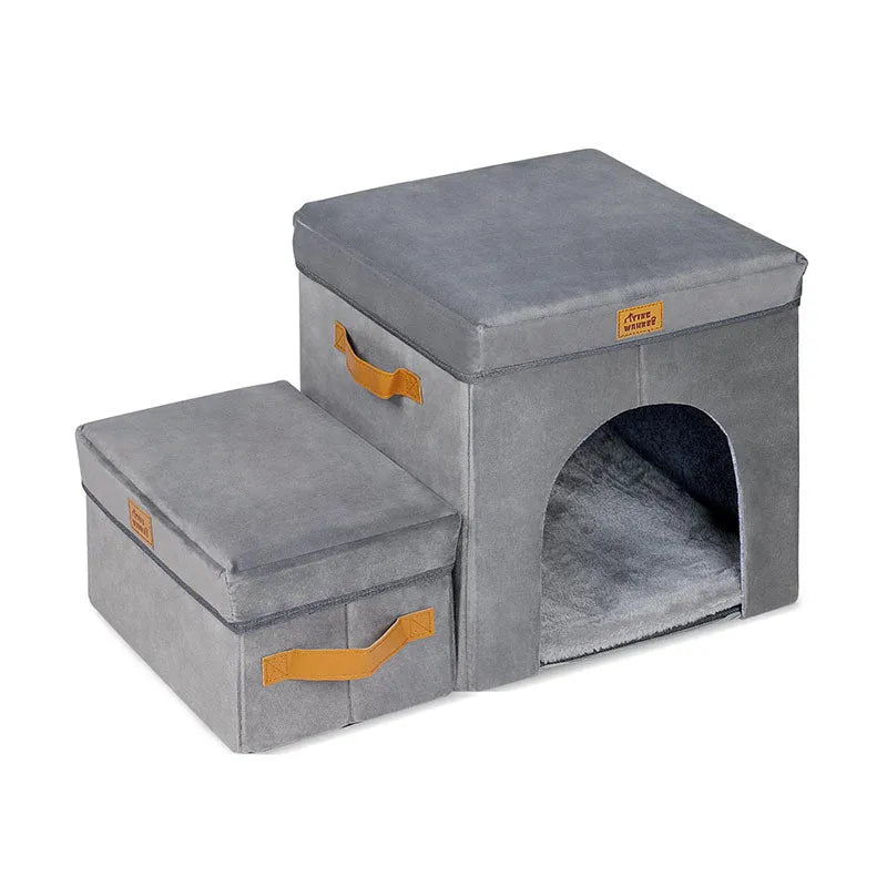 Grey foldable cloth dog stairs with 2 or 3 steps, 33cm wide, for small dogs at home