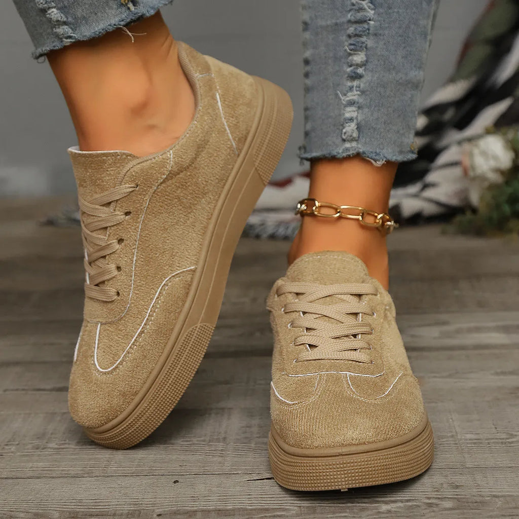 Khaki casual round toe lace up shoes for women with cross shoulder straps and low rubber sole