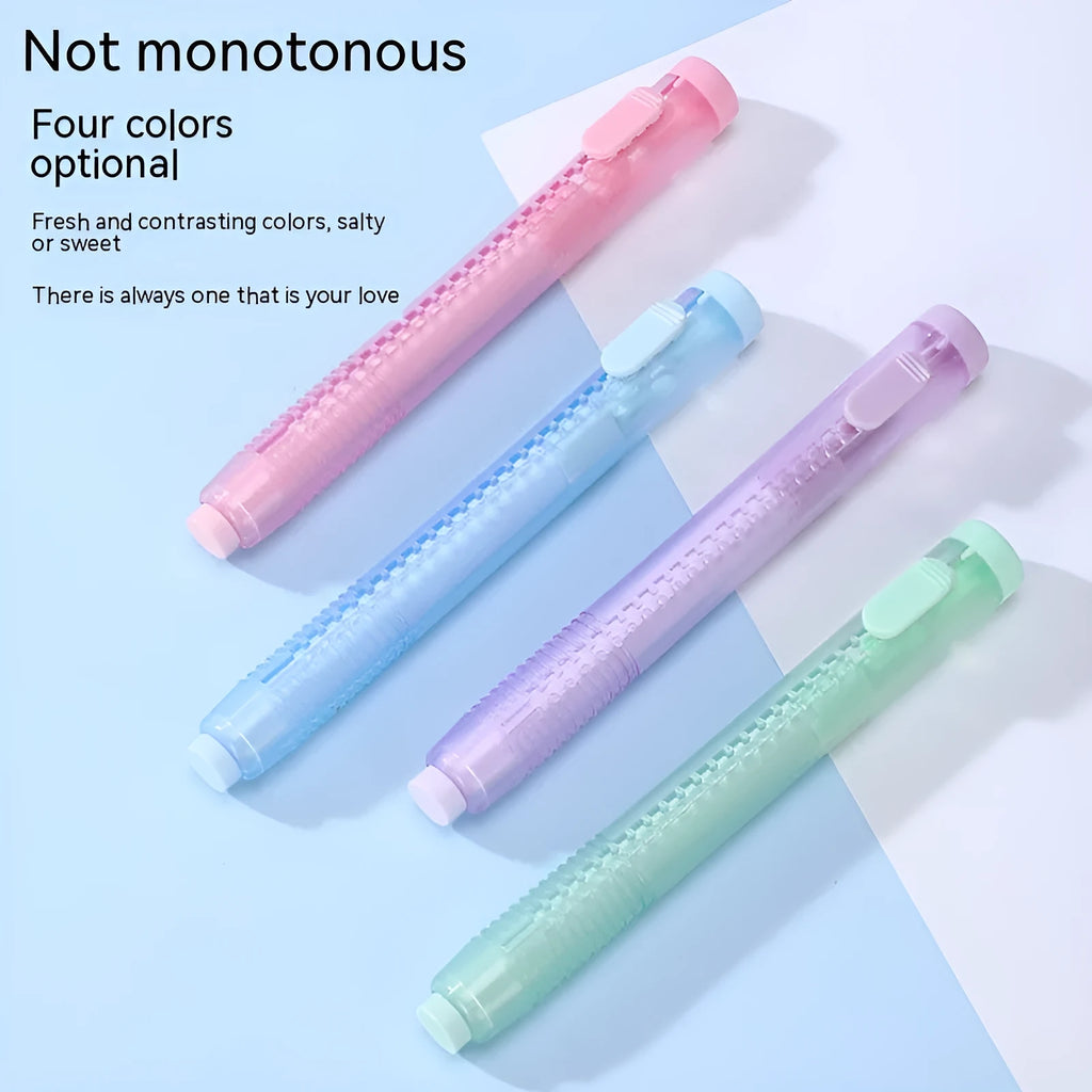 Blue push-type children's traceless eraser with simple rectangular design on a white background