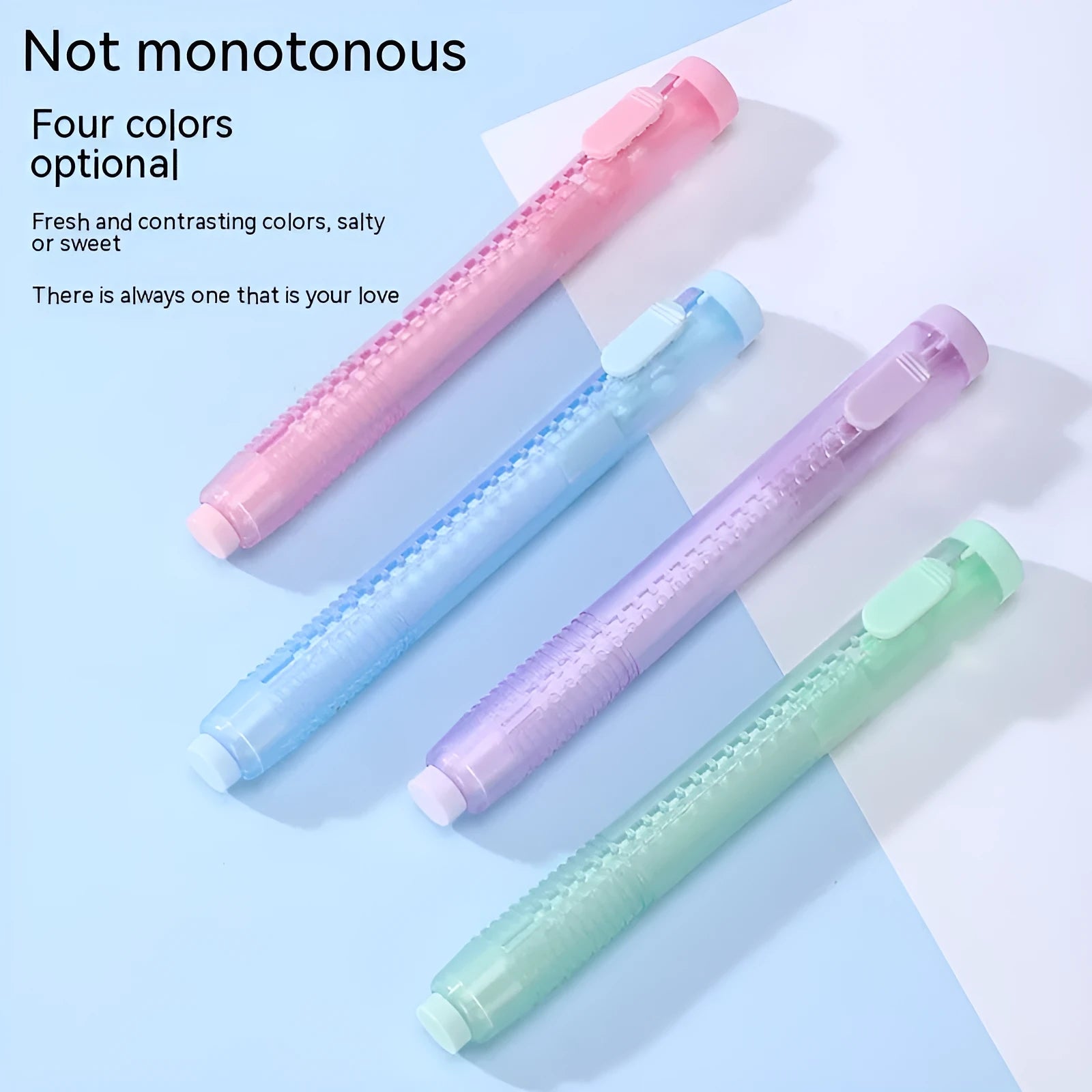 Blue push-type children's traceless eraser with simple rectangular design on a white background