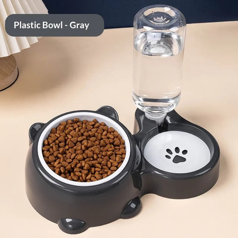 Pet 2-in-1 water and food dispenser for cats, bear ear slanted mouth design, plastic bowl, black colour