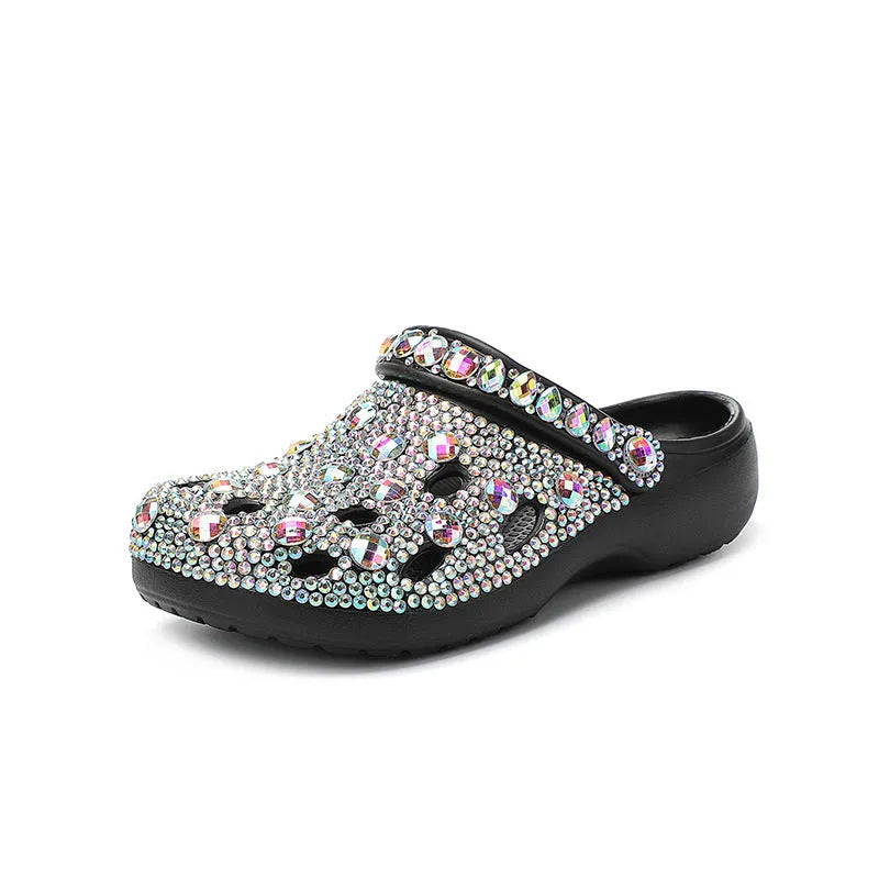 Black women's platform sandals with rhinestone detail and hole design on EVA upper