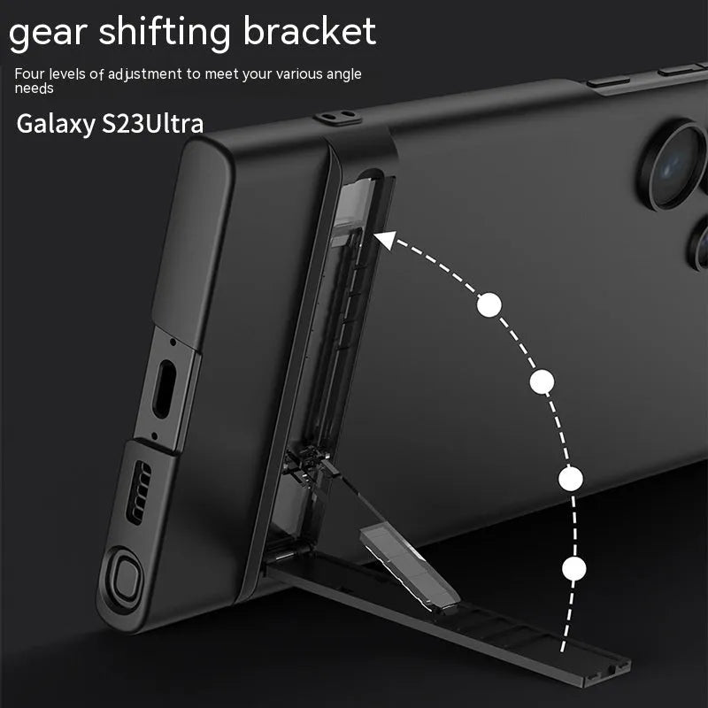 Ultra-thin frosted PC Samsung S23 phone case with fold-out bracket in Cool Black