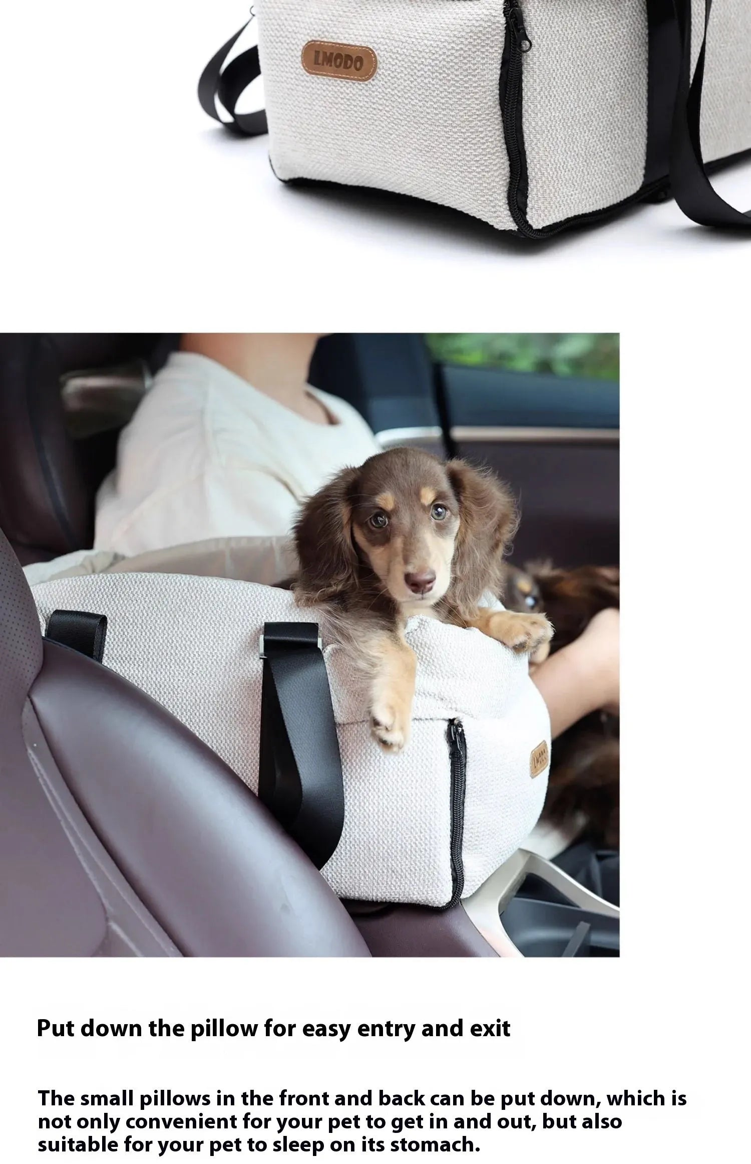 Beige white polyester pet car nest and diaper bag carrier measuring 23x20x40cm
