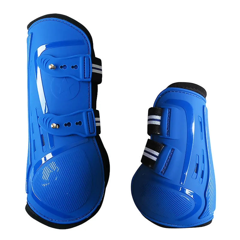 Horse leg guards with PU hard shell, elastic neoprene fit, and ventilation air holes in multiple colour options