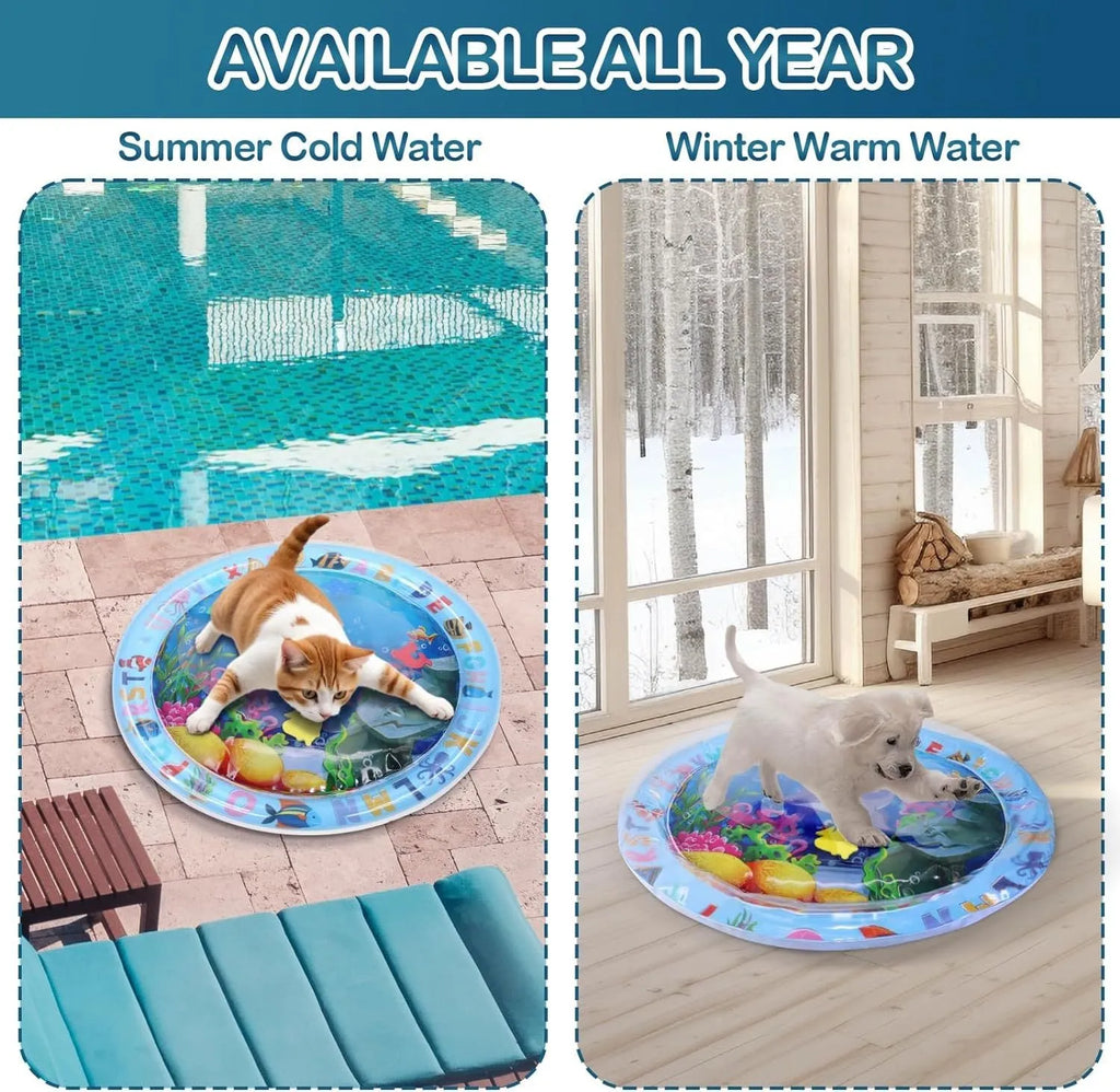 Thickened PVC water playmat for cats and dogs on a floor, showing floating fish toys inside.