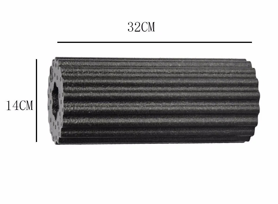 High density EPP foam roller 32 x 14 cm with quincuncial surface, shown in black and white for yoga and muscle massage.