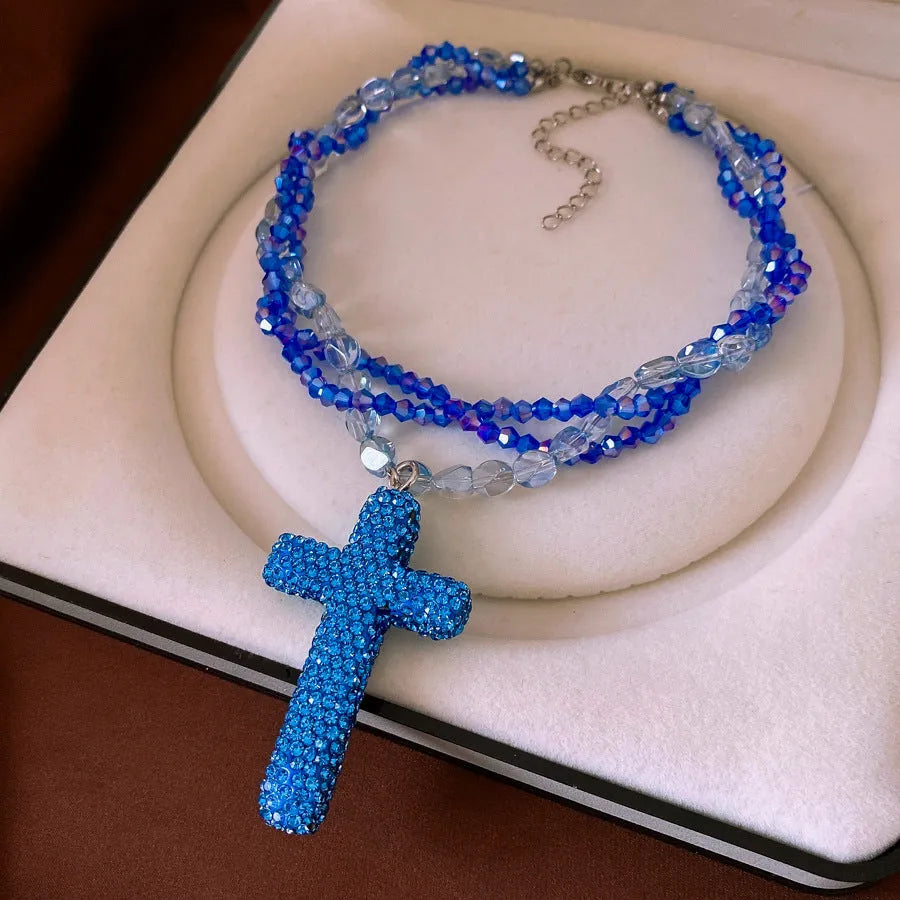 Multi-layer micro glass bead diamond-studded necklace in silver-blue with adjustable clavicle chain