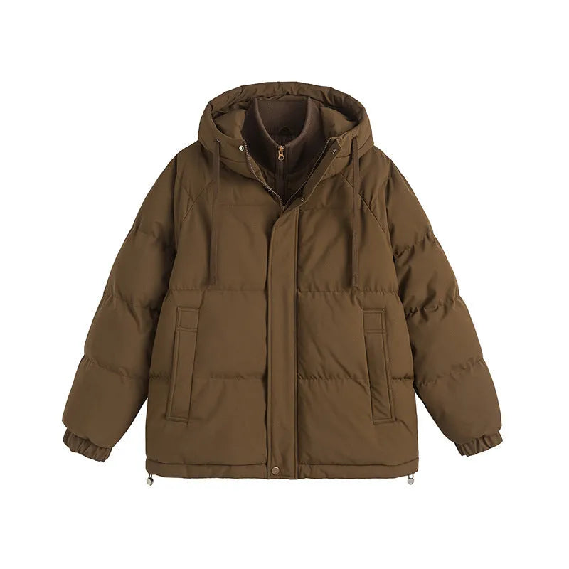 Winter loose cotton-padded jacket in mustard yellow colour with side pockets