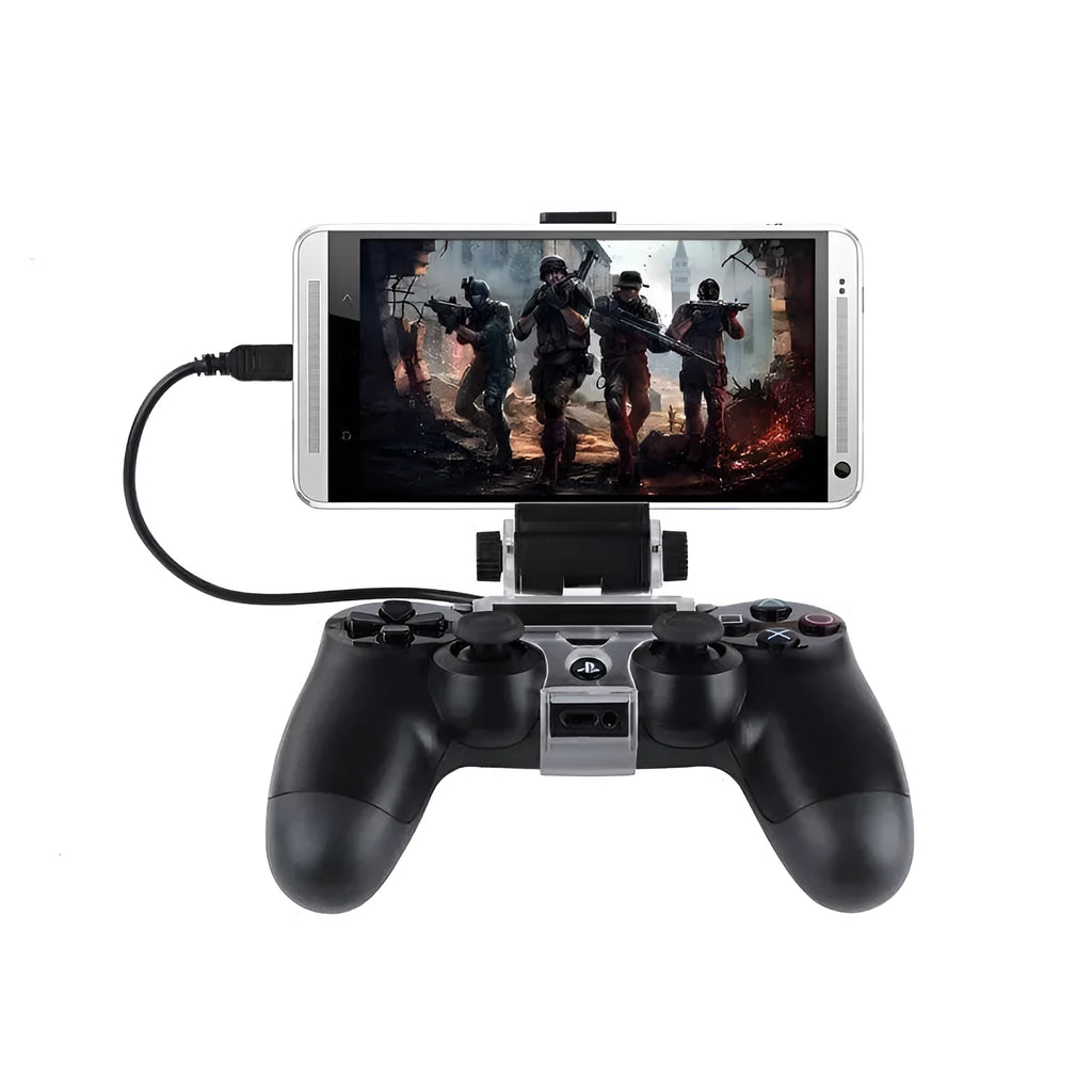 Black PS4 controller clip holding a mobile phone, with a micro USB OTG cable connected.