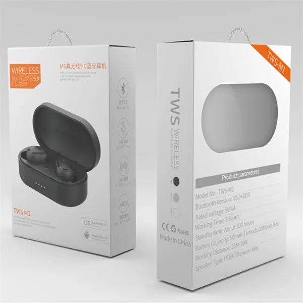 Black and white M1 wireless Bluetooth earbuds with a charging case on a table.