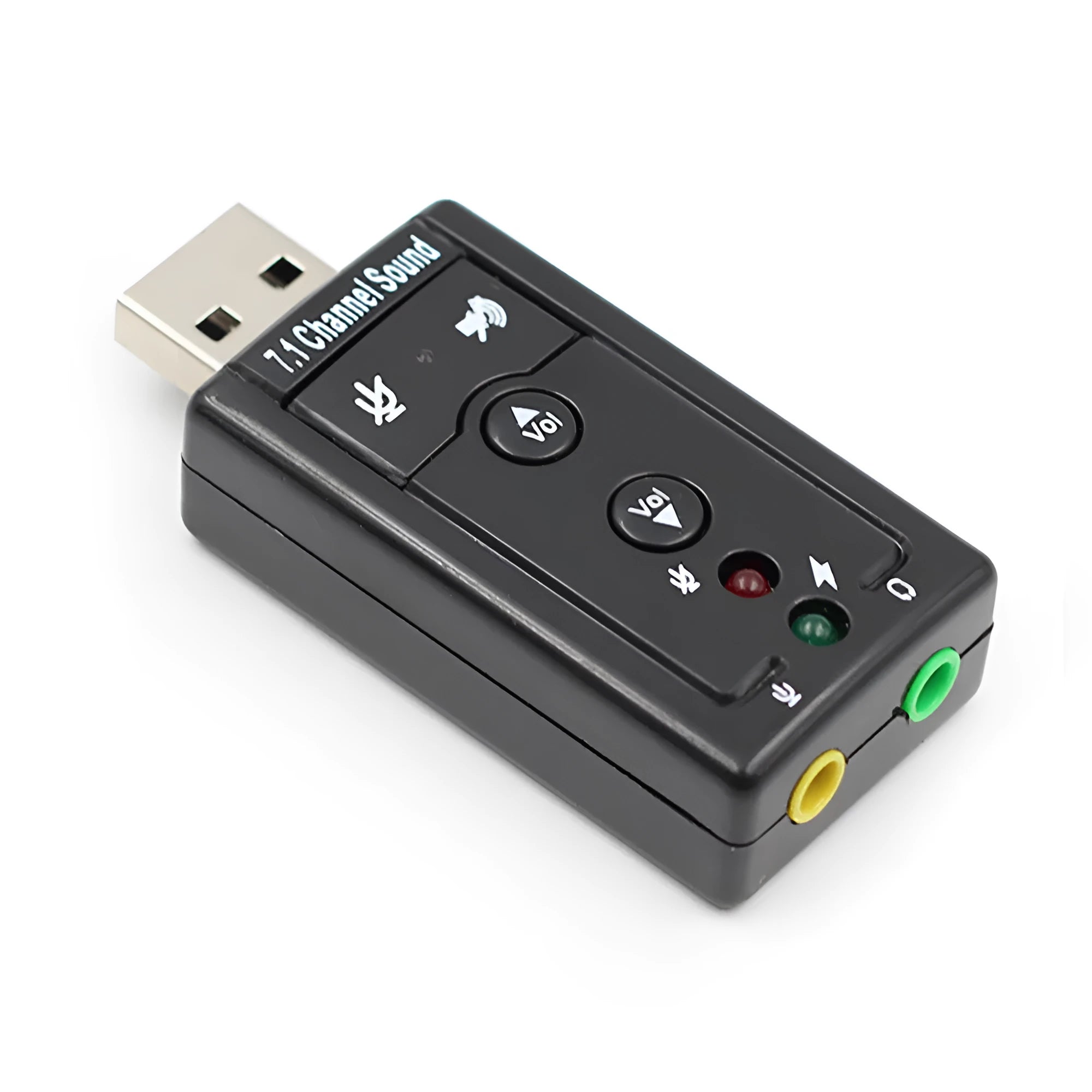 Black external USB sound card with 3.5mm headphone and microphone jacks for PC laptop computer audio adapter