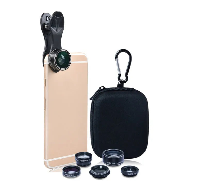 Universal 5 in 1 smartphone lens kit with fisheye, wide angle, macro, telephoto and CPL lenses on a table.