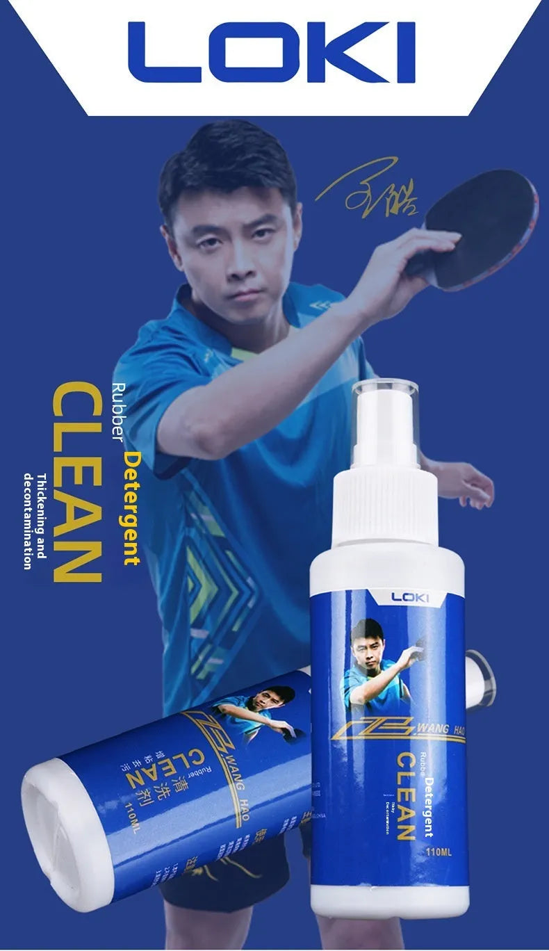 110ml bottle of table tennis rubber cleaning liquid with a sponge applicator for racket maintenance