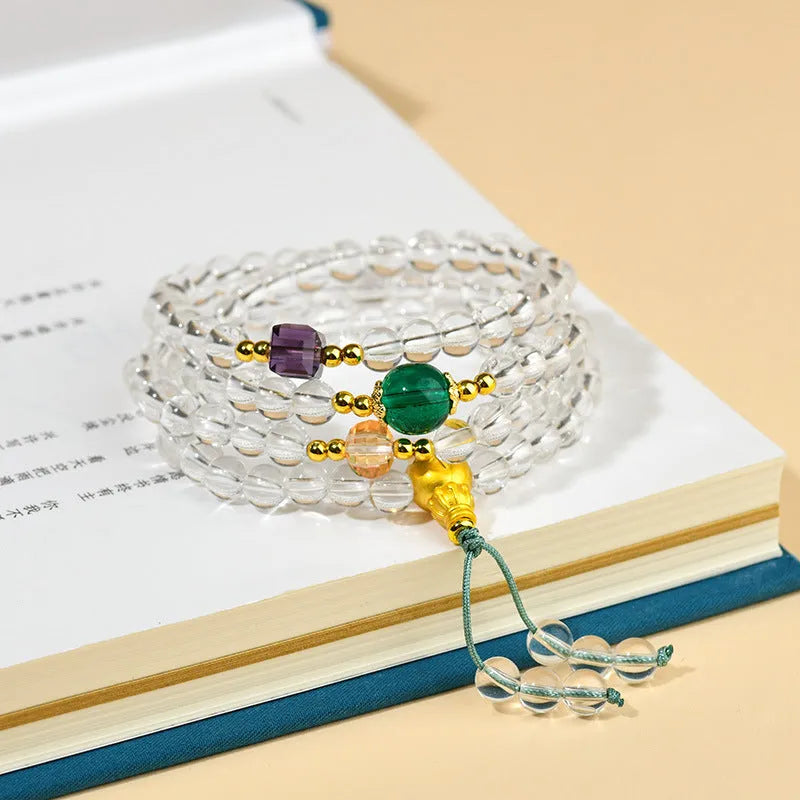 White crystal ethnic geometric rosary bracelet with 108 beads.