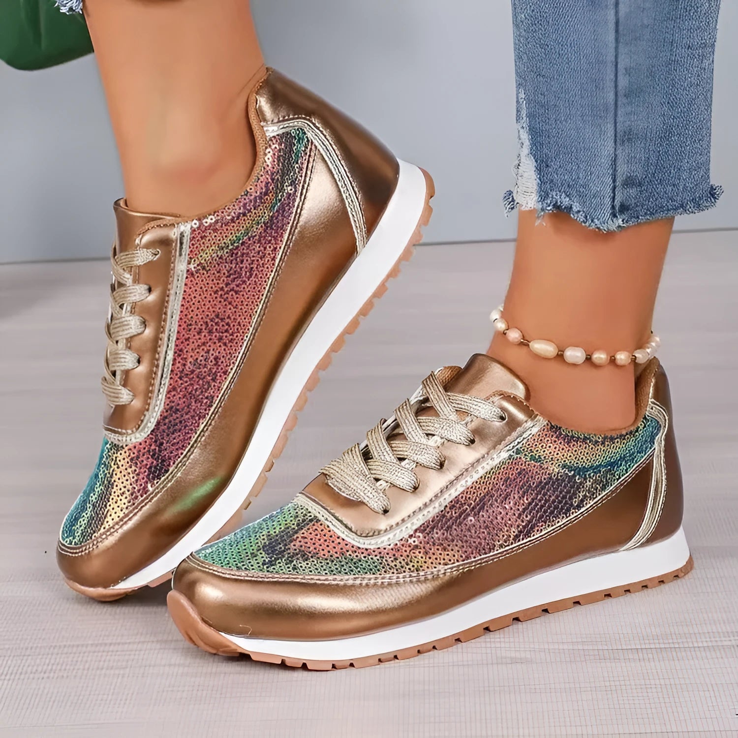 Women's thick-soled casual sneakers in PU leather with square toe design in black, champagne, and silver colours