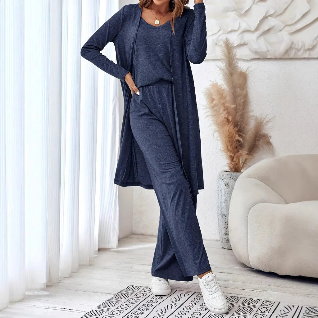 Women's blue polyester three-piece casual suit with trousers, top and matching suspenders in Japanese Korean style
