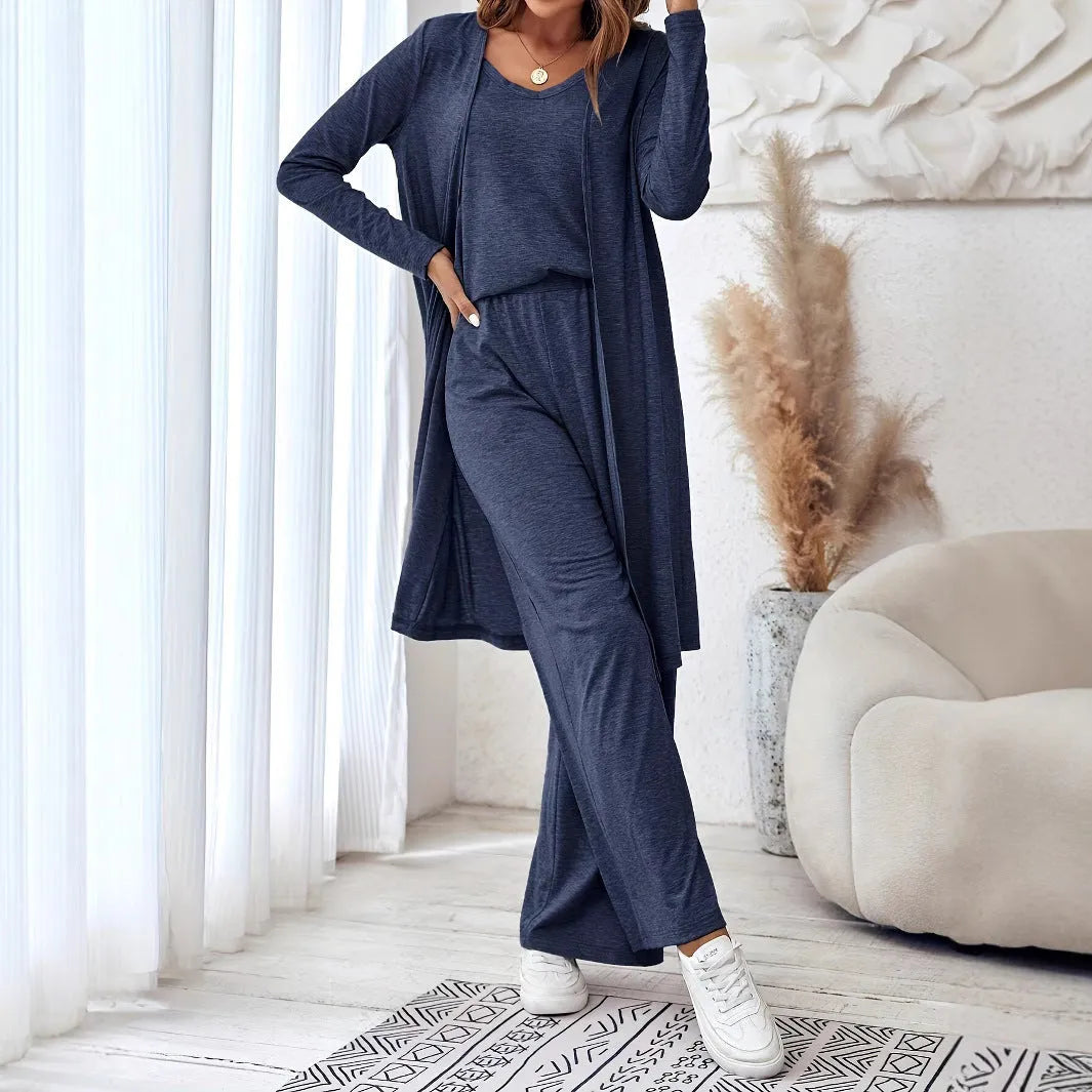 Women's blue polyester three-piece casual suit with trousers, top and matching suspenders in Japanese Korean style